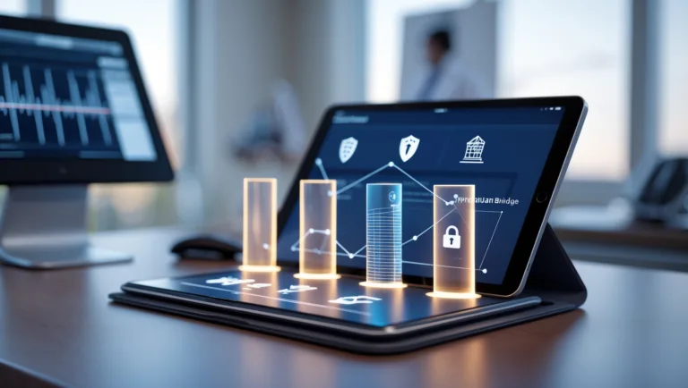 Digital playbook with four glowing pillars representing ClaimShield™, ClearView™, TransitionBridge™, and HIPAA VaultOps™.
