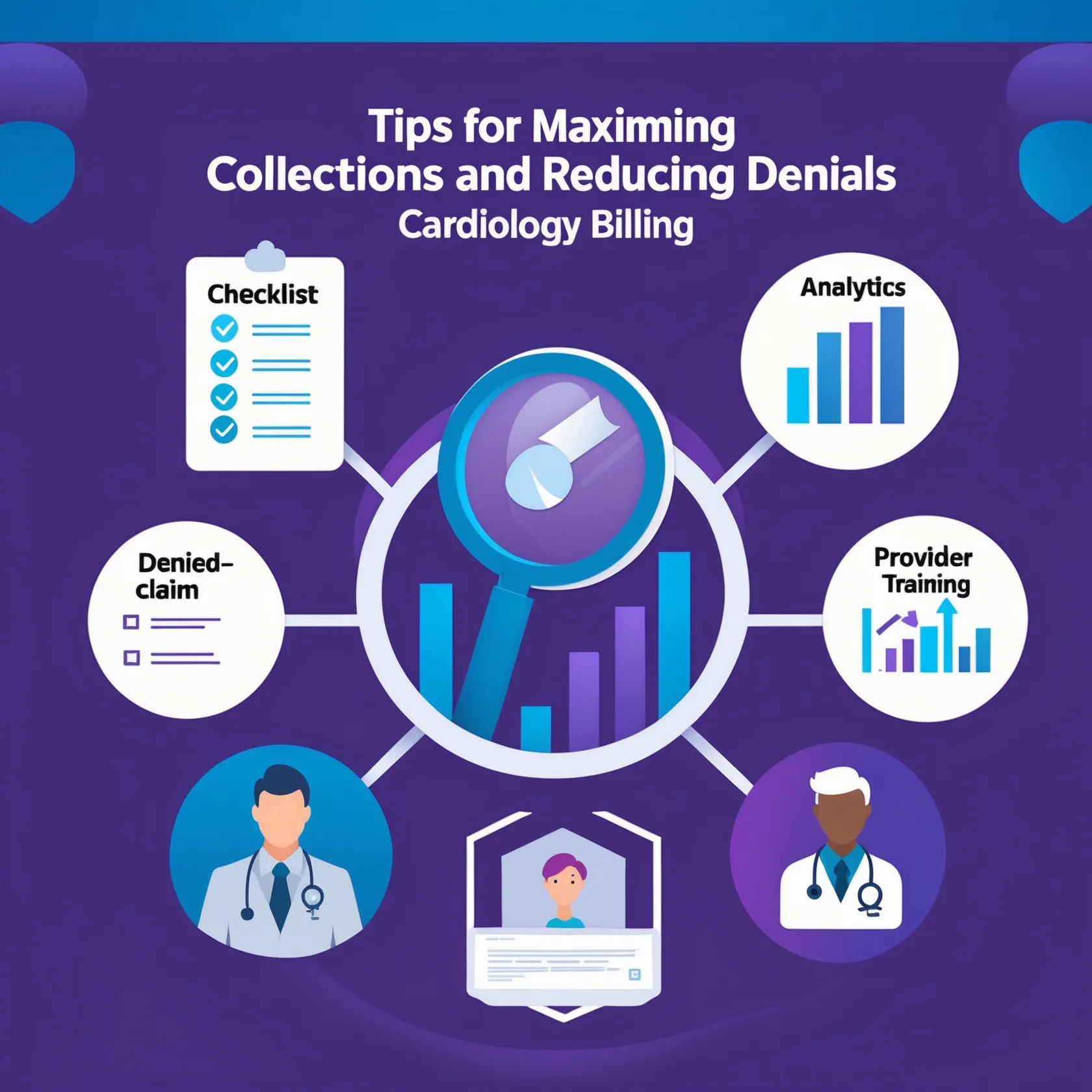 Infographic with tips for improving cardiology collections and reducing denials using checklists, analytics, and training.