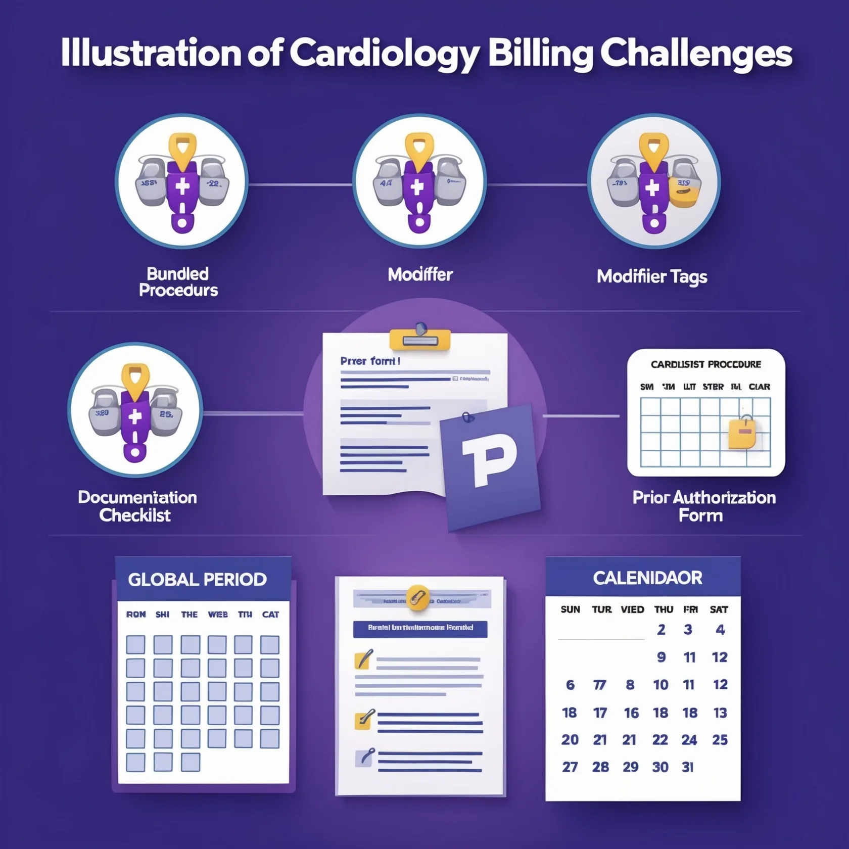 Illustration of cardiology billing challenges with bundled procedures, modifiers, documentation checklist, and prior authorization form.