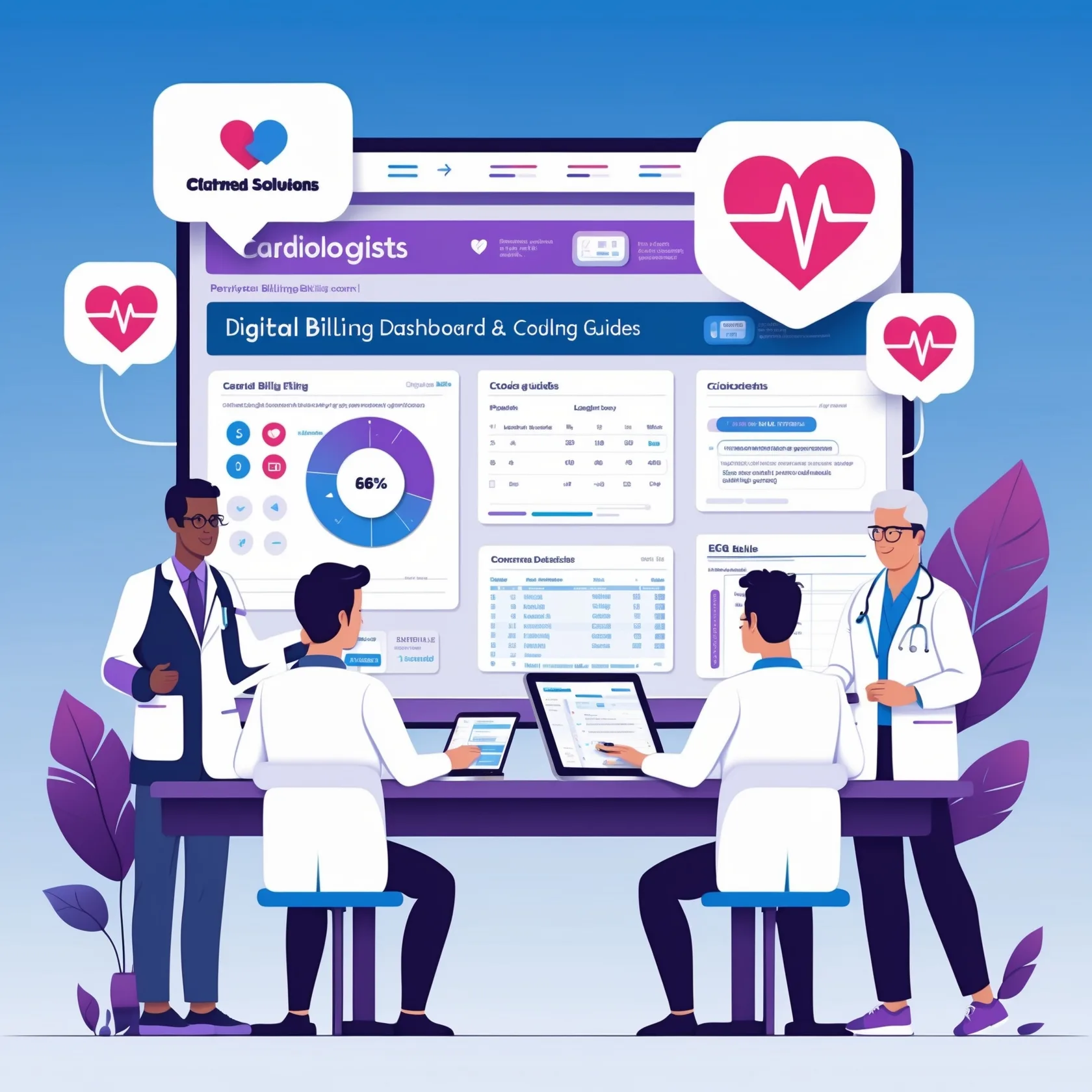Cardiologists and billing staff reviewing cardiology billing resources with heart and ECG icons.