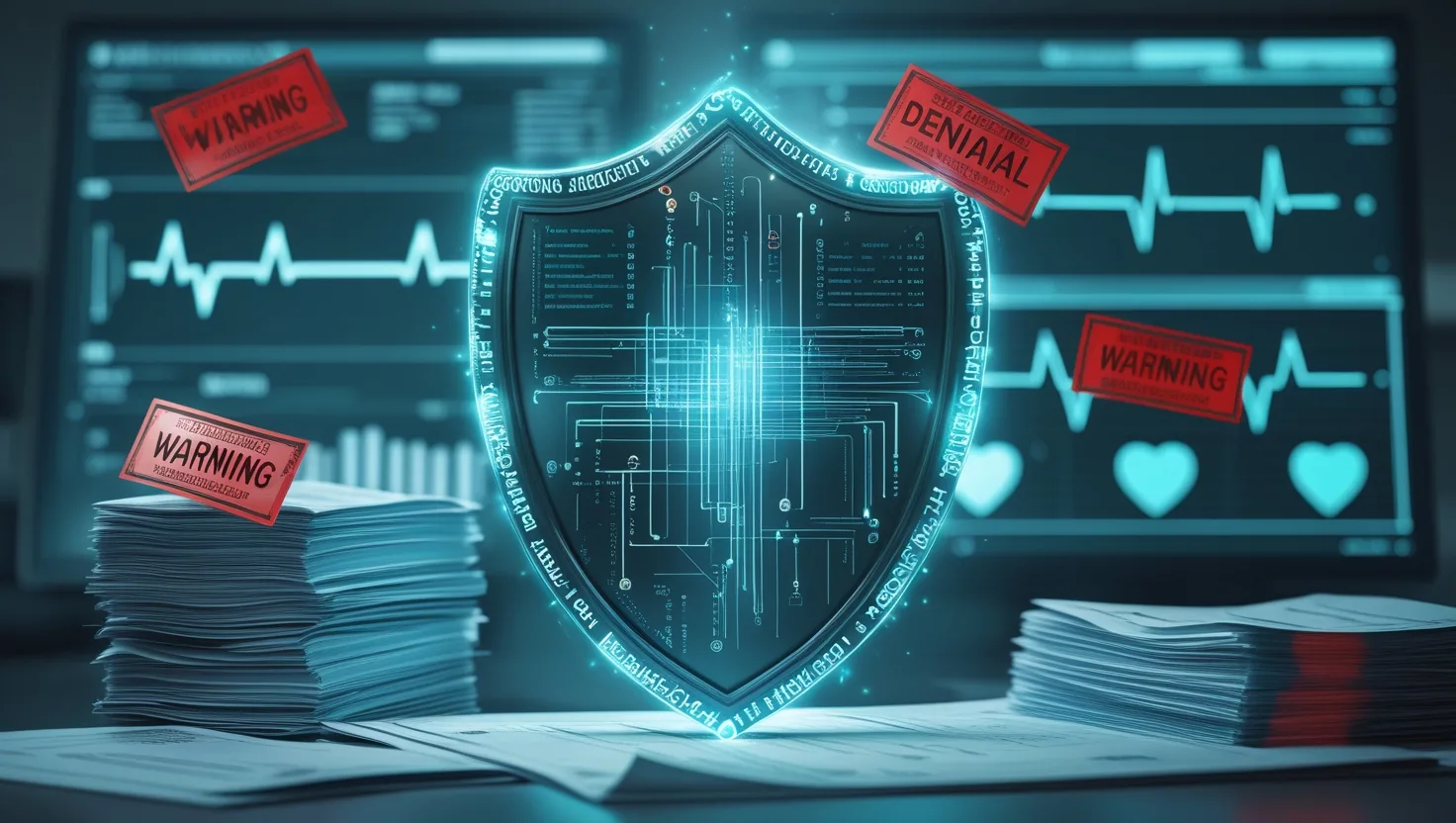 Digital shield protecting cardiology claim forms and charts, symbolizing ClaimShield™ preventing denials for cardiology practices.