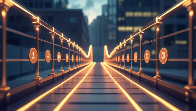 Digital bridge made of data lines connecting a small new cardiology clinic to a larger stable practice, symbolizing TransitionBridge™ protecting early revenue.