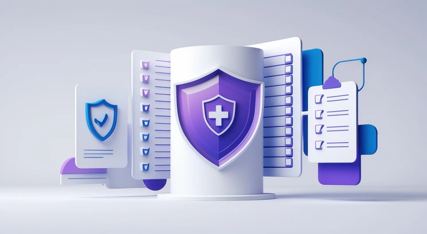 Abstract healthcare graphic featuring a shield, checklist, and transparent layered elements symbolizing security, clarity, and accountability.