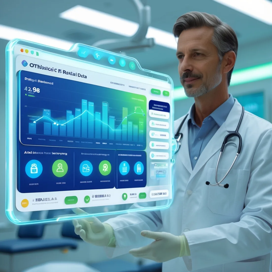 Orthopedic surgeon reviewing a transparent, floating dashboard showing real-time billing and revenue data in a modern clinic setting.