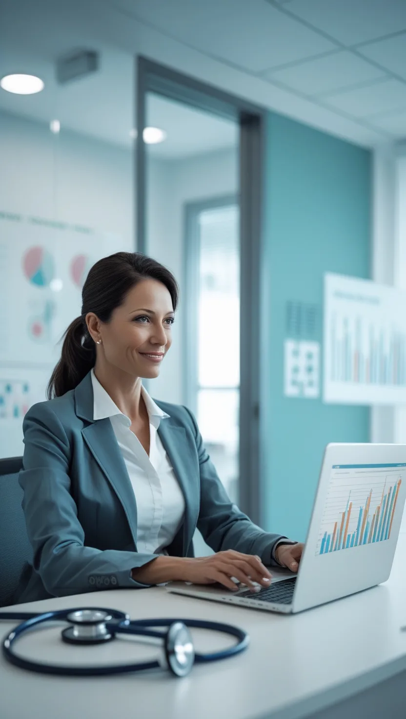 Professional medical billing consultant reviewing AR aging and denial charts on a laptop in a modern clinic office.