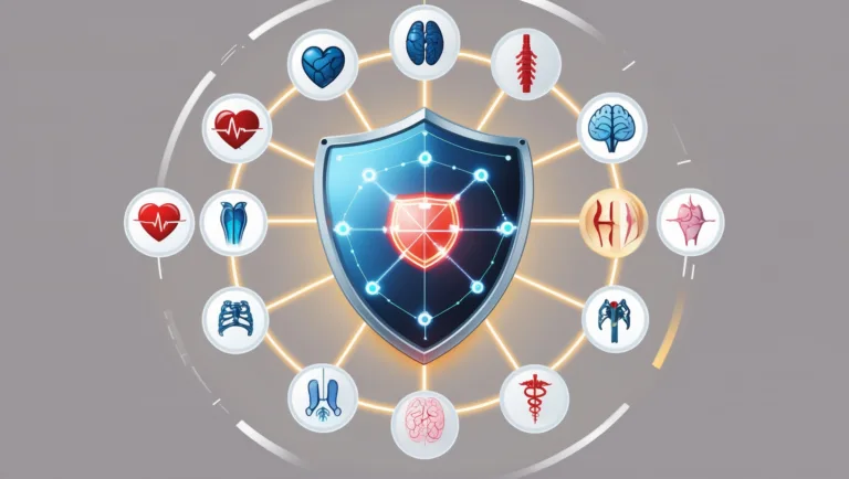 Digital shield surrounded by interconnected medical specialty icons, symbolizing ClaimShield™ adapting to protect multiple types of healthcare practices.