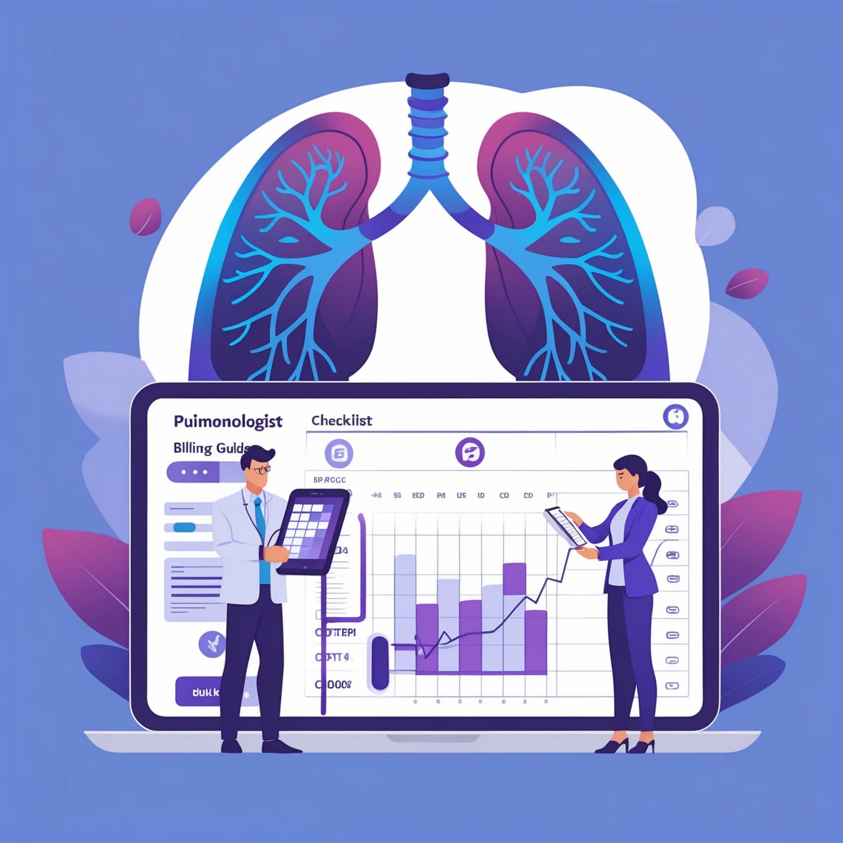 Pulmonologist and billing specialist reviewing pulmonary billing and coding resources with lungs and spirometry icons.