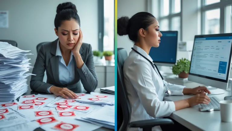 Before-and-after illustration of a stressed practice manager with messy billing, and a calm manager with a clean digital dashboard, symbolizing a smooth billing transition.