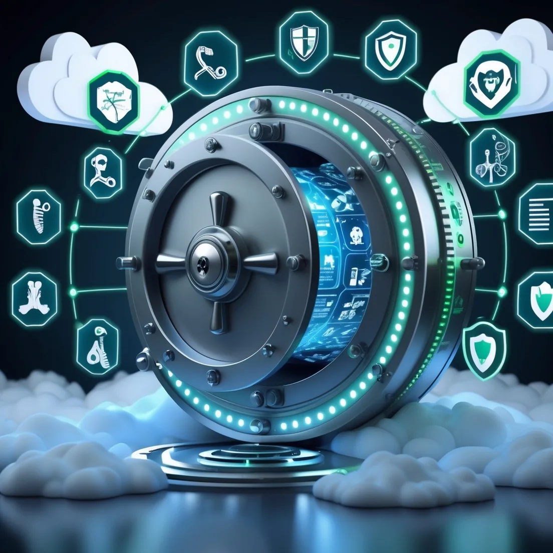 Digital security vault surrounded by glowing medical and data icons, representing HIPAA-compliant data protection for orthopedic practices.