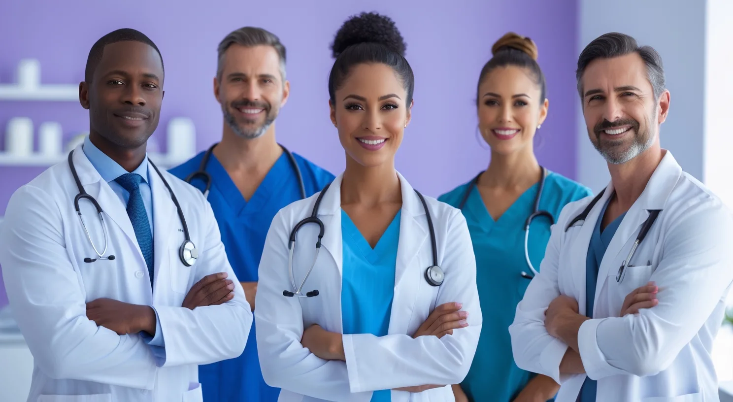 Group of independent healthcare providers including a primary care doctor, mental health clinician, and chiropractor in a bright clinic setting.