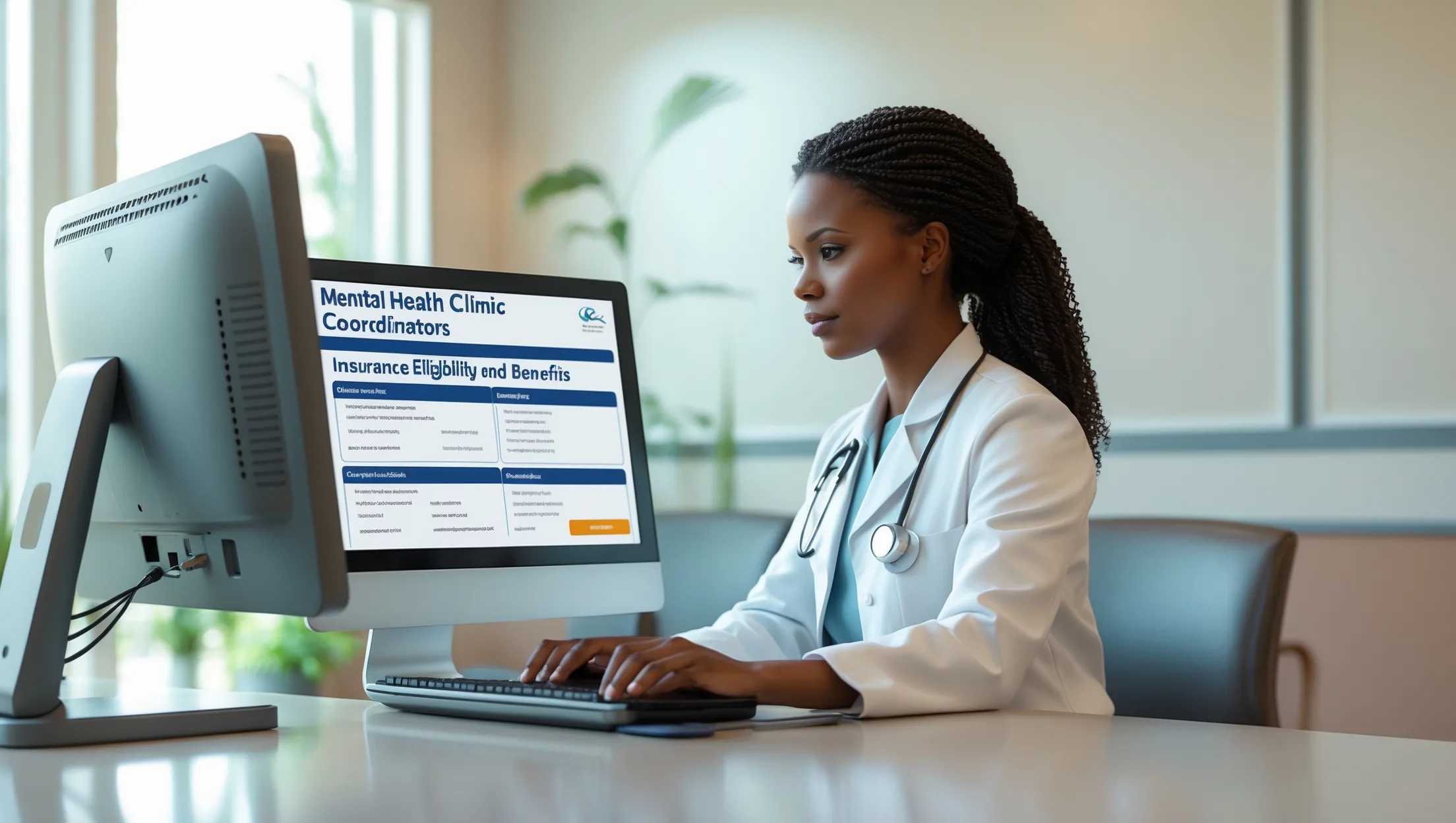 Front desk coordinator verifying mental health insurance eligibility and benefits on a secure screen.