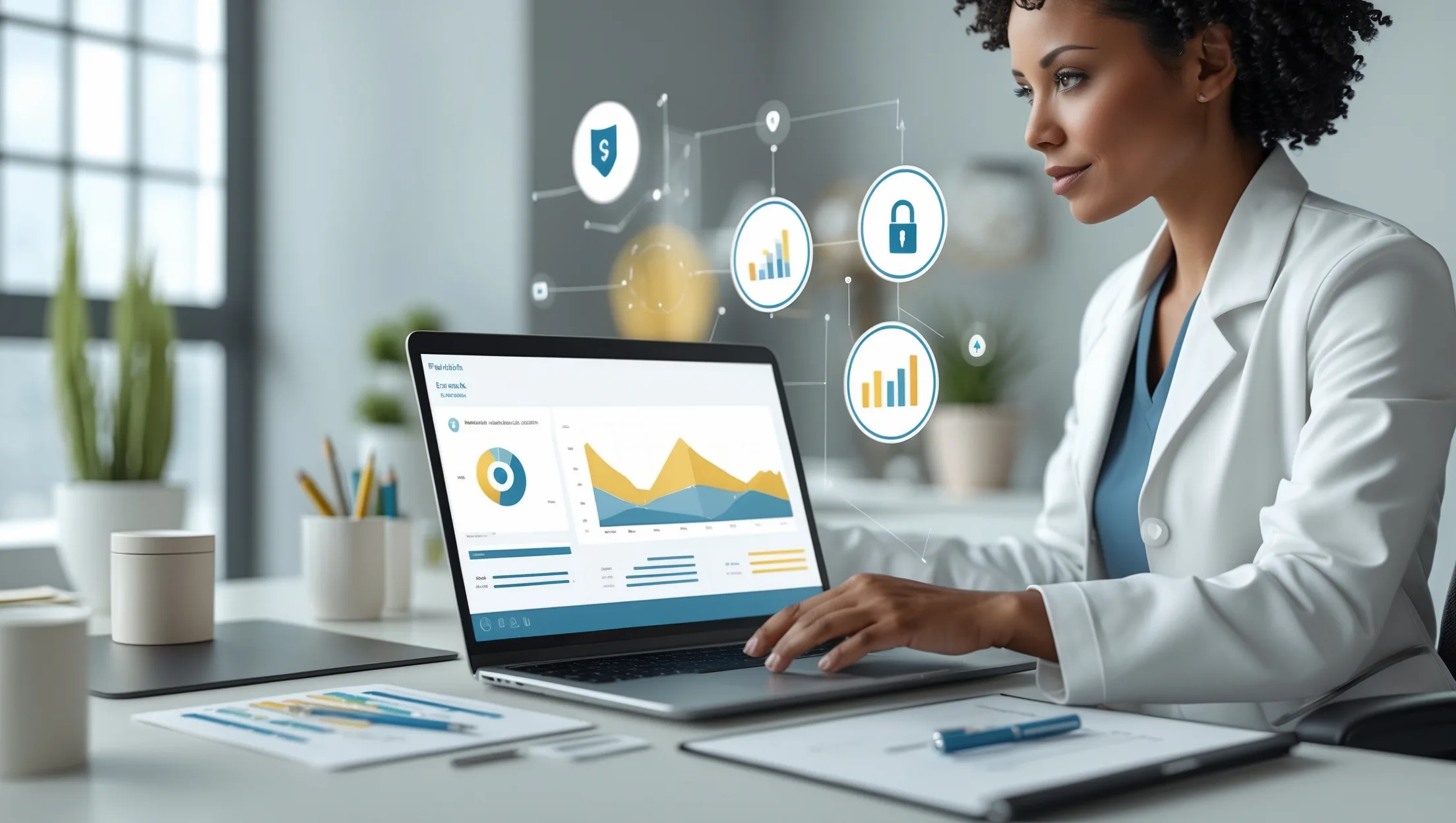 Mental health practice manager reviewing a revenue dashboard with denial, AR, and compliance indicators.